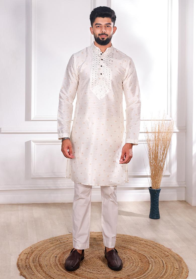 White Woven Jacquard Kurta Set For Men - Indya