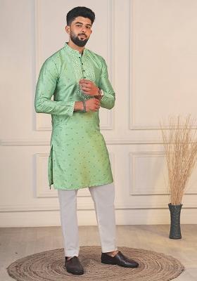 Green Woven Jacquard Kurta Set For Men