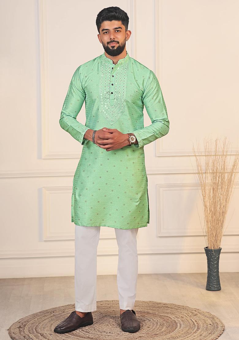 Green Woven Jacquard Kurta Set For Men - Indya