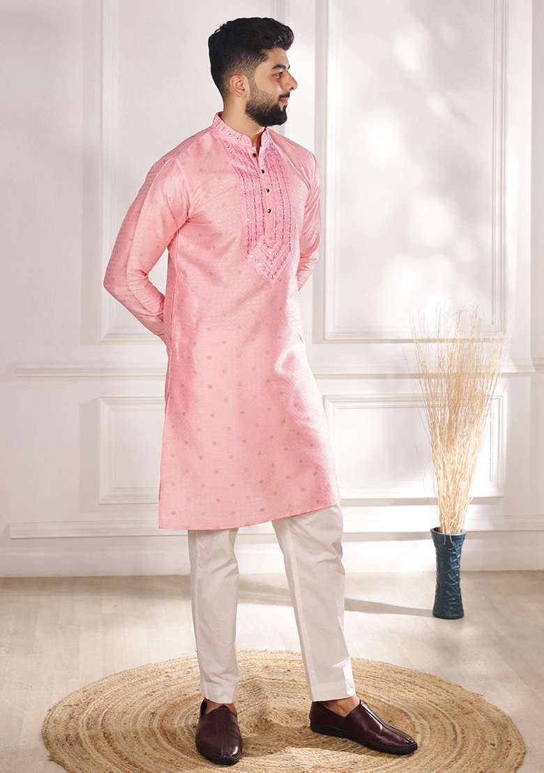 Pink Woven Jacquard Kurta Set For Men - Indya