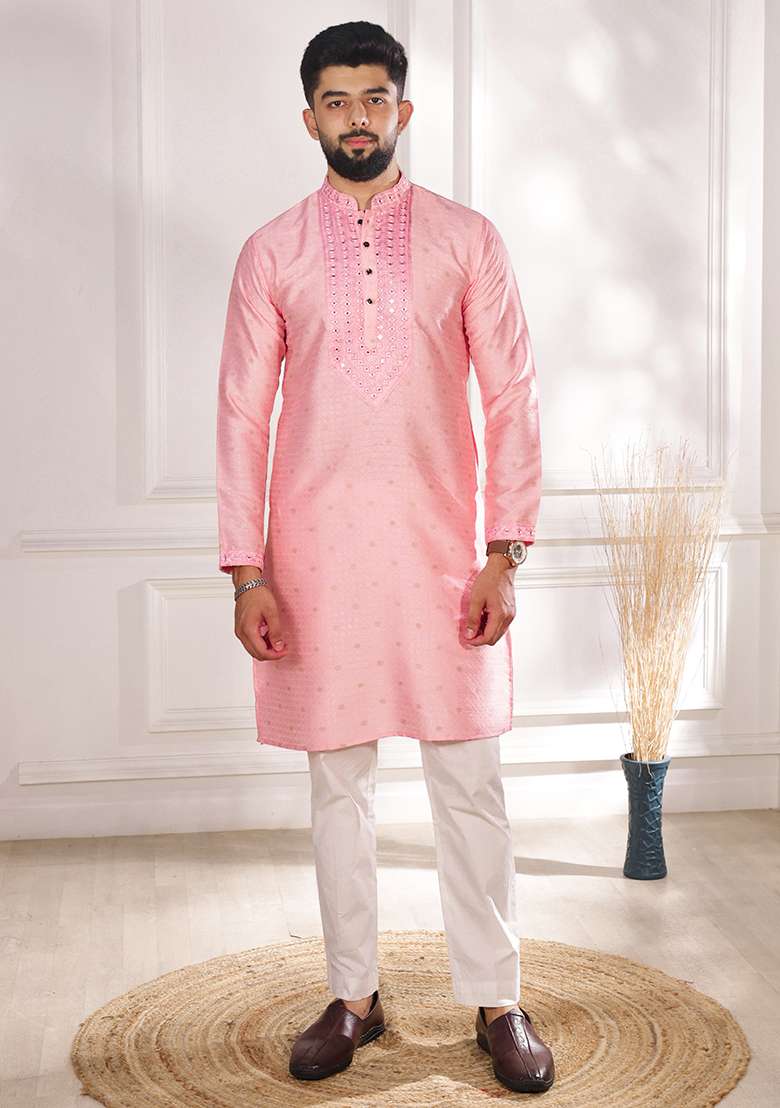 Pink Woven Jacquard Kurta Set For Men - Indya