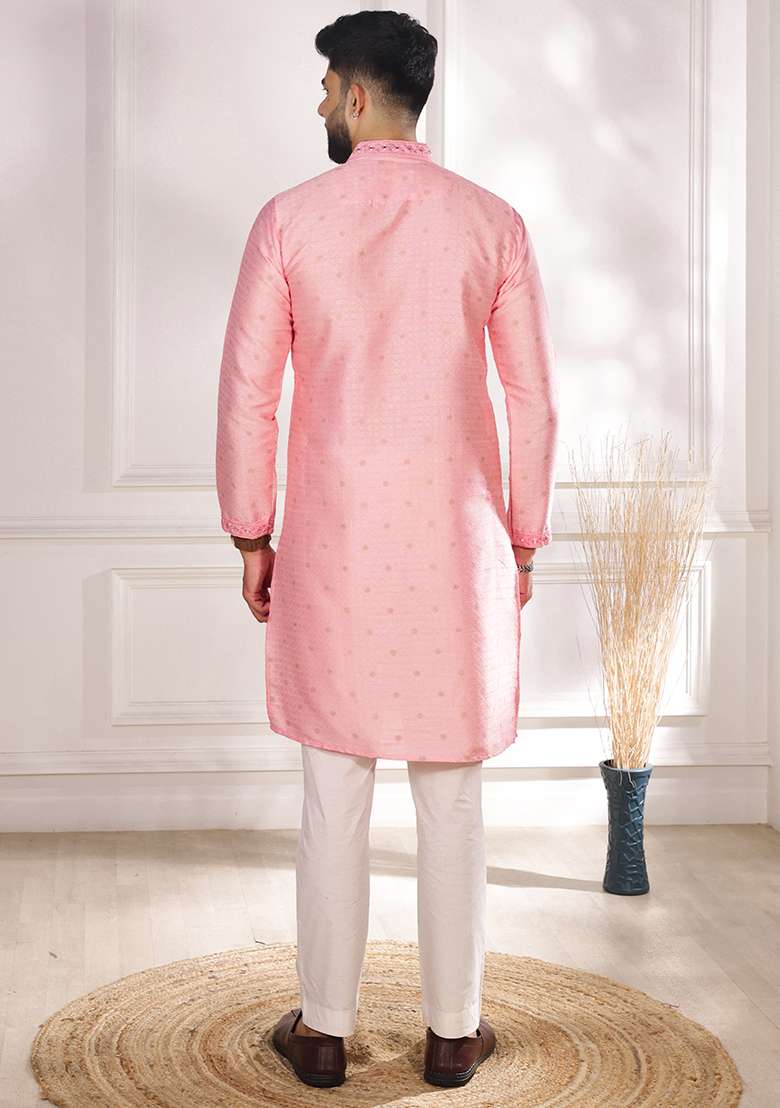 Pink Woven Jacquard Kurta Set For Men - Indya