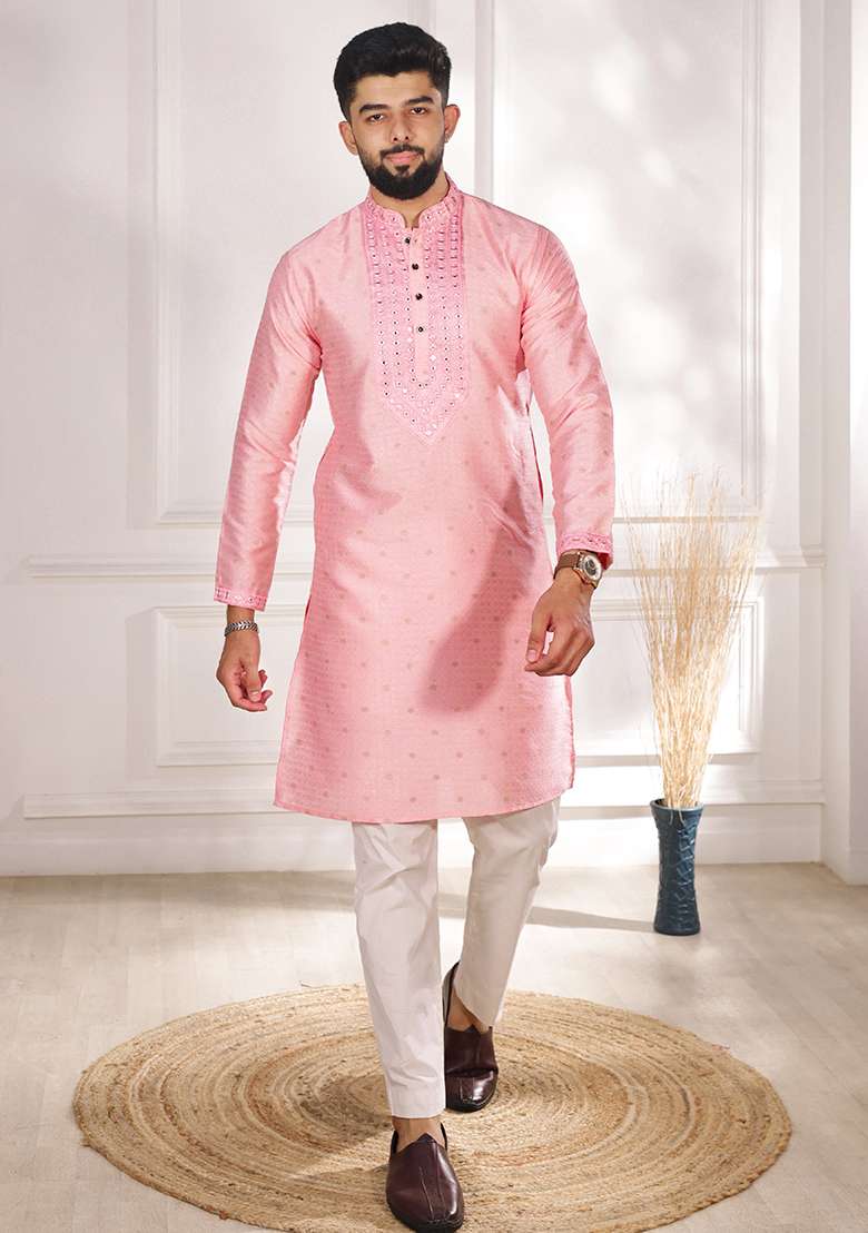 Pink Woven Jacquard Kurta Set For Men - Indya