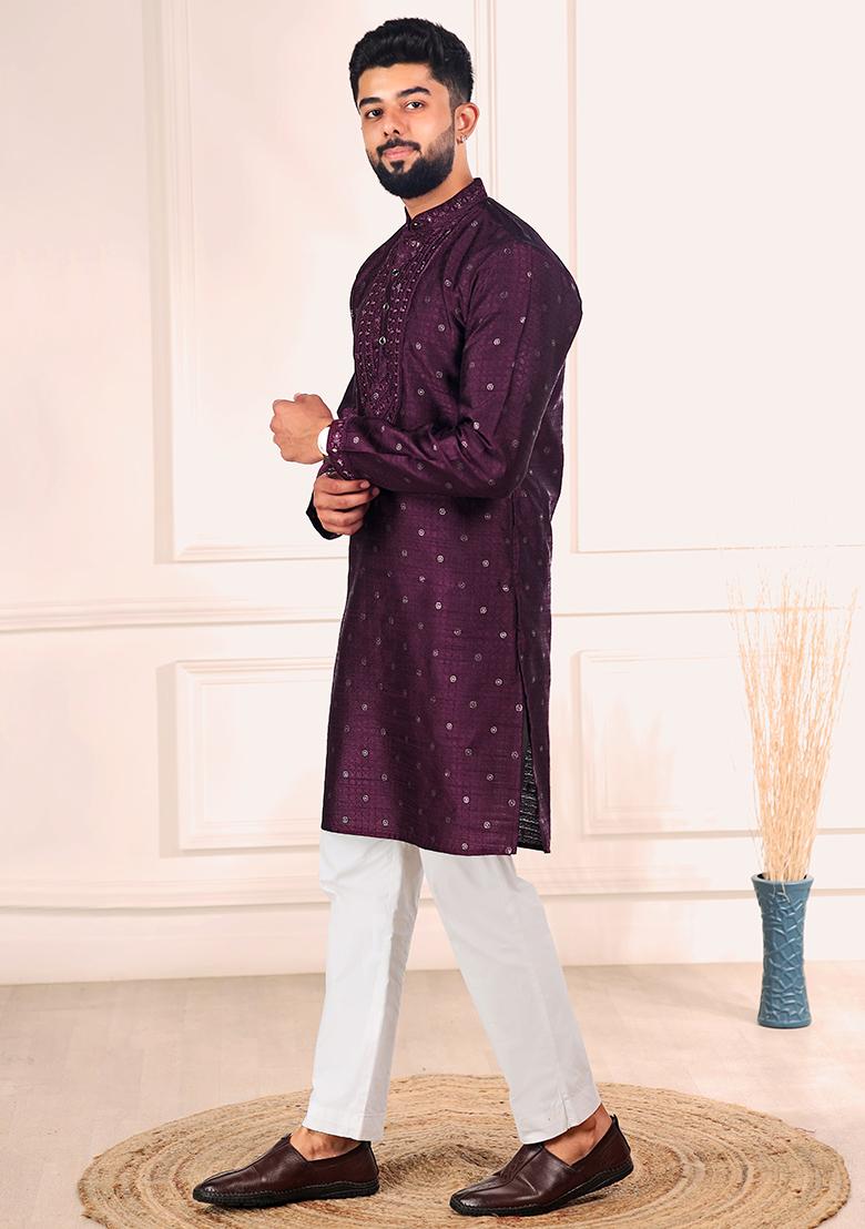Wine Woven Jacquard Kurta Set For Men - Indya