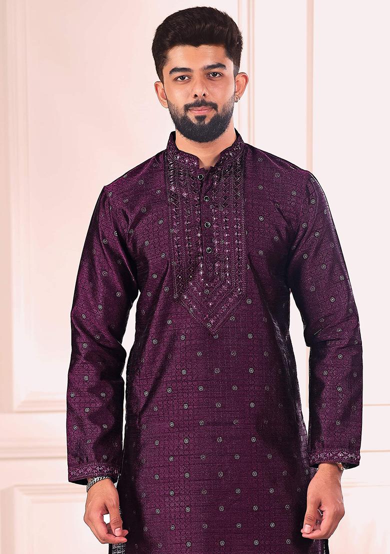 Wine Woven Jacquard Kurta Set For Men - Indya