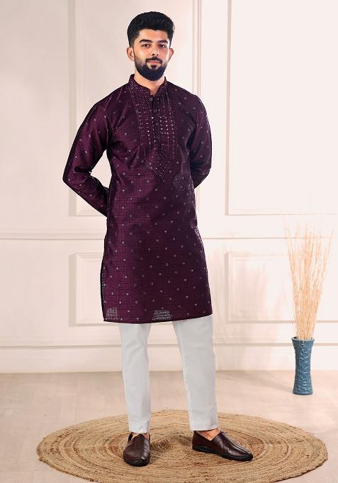 Wine Woven Jacquard Kurta Set For Men