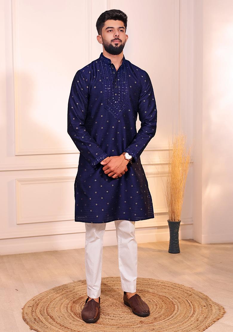 Blue Woven Jacquard Kurta Set For Men - Indya