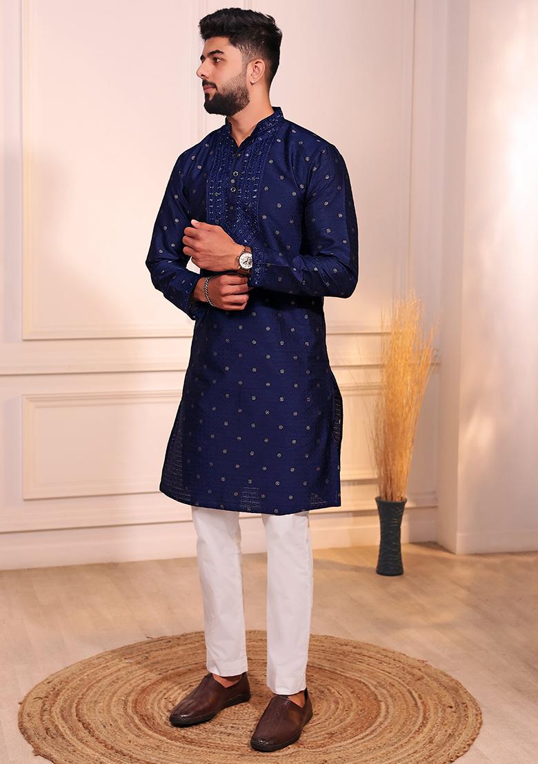 Blue Woven Jacquard Kurta Set For Men - Indya