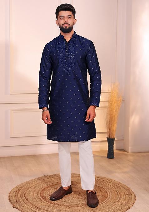 Blue Woven Jacquard Kurta Set For Men