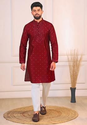 Maroon Woven Jacquard Kurta Set For Men