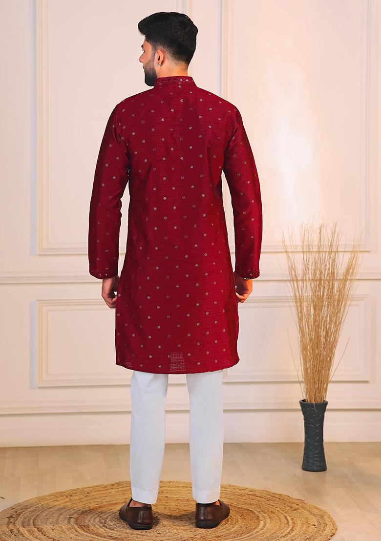 Maroon Woven Jacquard Kurta Set For Men - Indya