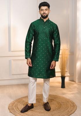 Green Woven Jacquard Kurta Set For Men