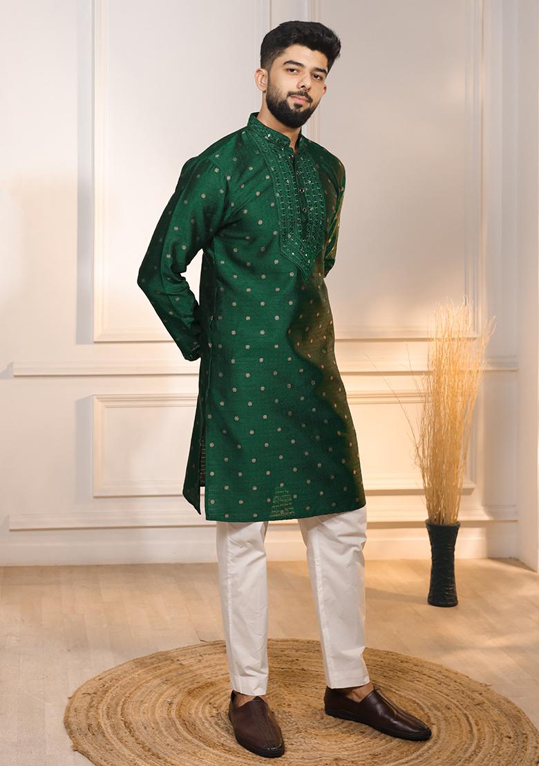 Green Woven Jacquard Kurta Set For Men - Indya