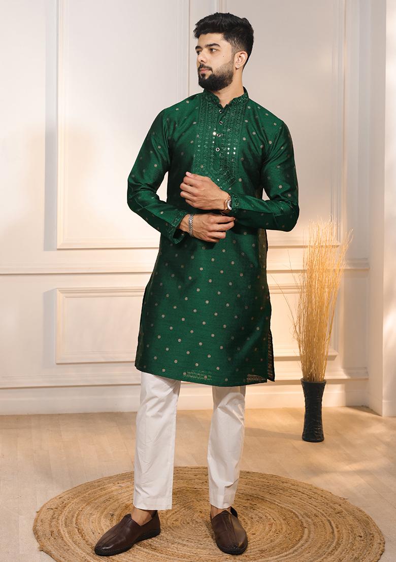 Green Woven Jacquard Kurta Set For Men - Indya
