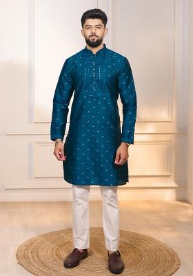 Teal Woven Jacquard Kurta Set For Men