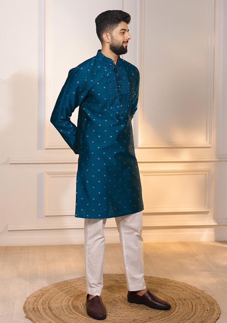 Teal Woven Jacquard Kurta Set For Men - Indya