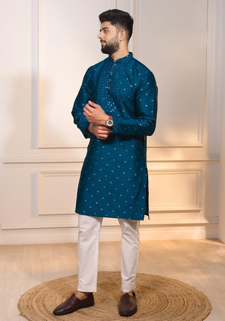 Teal Woven Jacquard Kurta Set For Men - Indya