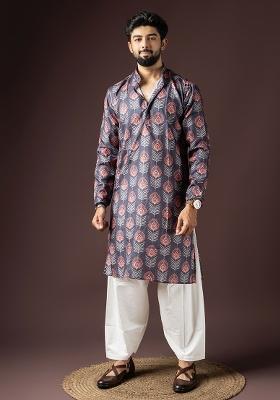 Grey Printed Cotton Blended Kurta Set For Men
