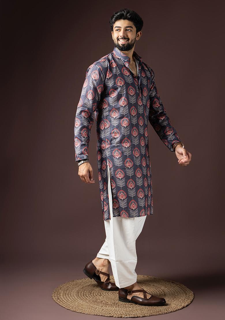 Grey Printed Cotton Blended Kurta Set For Men - Indya