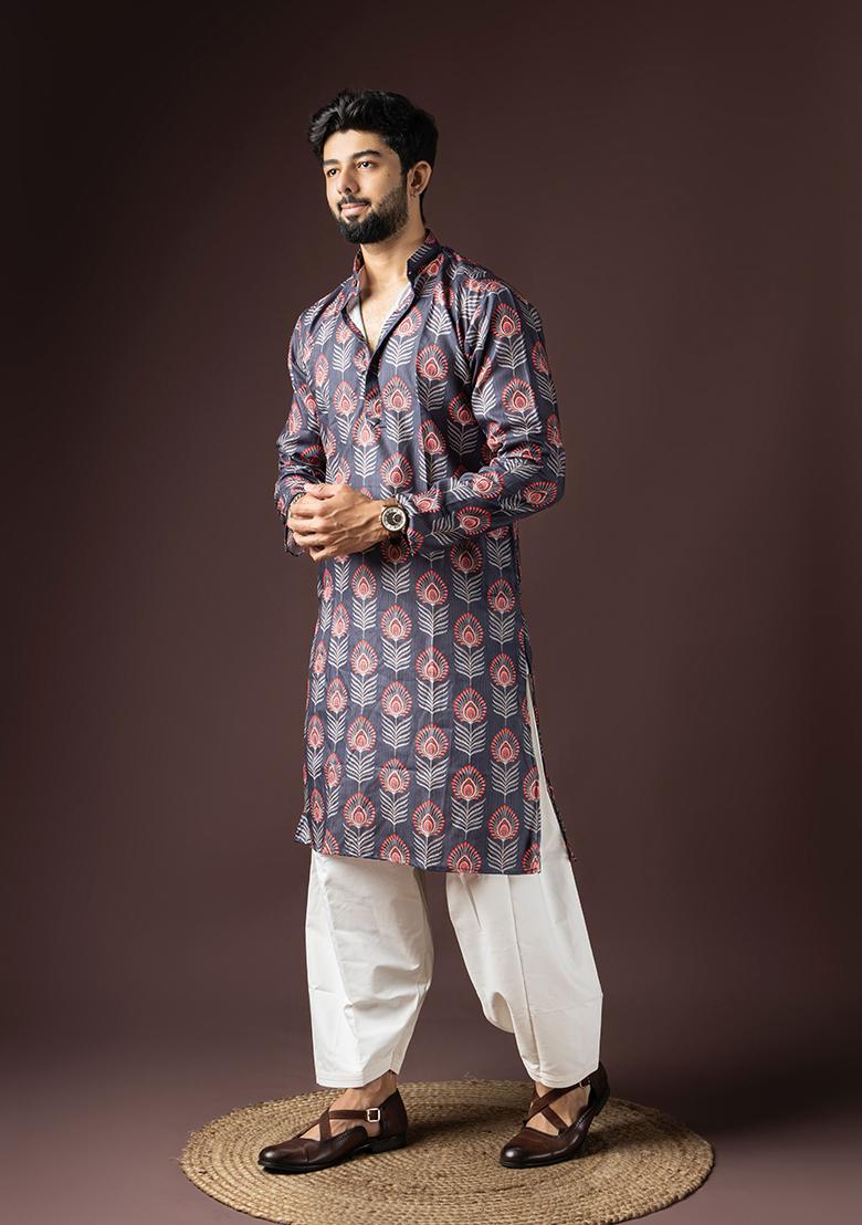 Grey Printed Cotton Blended Kurta Set For Men - Indya