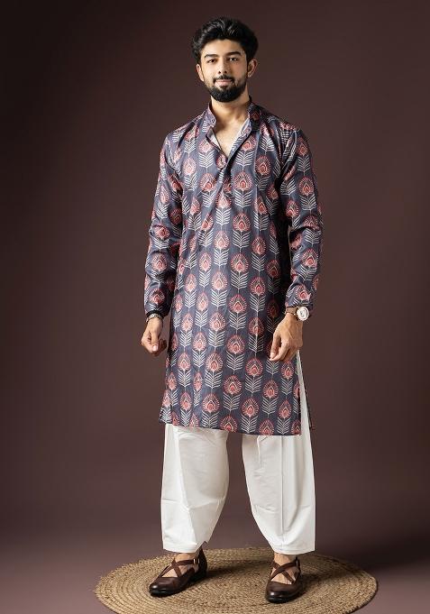 Grey Printed Cotton Blended Kurta Set For Men