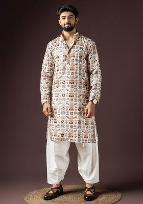 Cream Printed Cotton Blended Kurta Set For Men