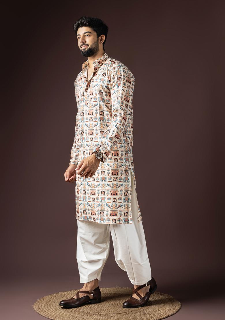 Cream Printed Cotton Blended Kurta Set For Men - Indya