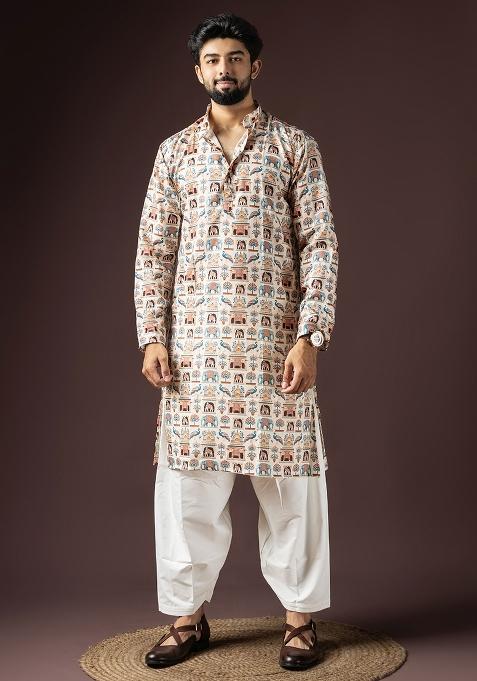 Cream Printed Cotton Blended Kurta Set For Men