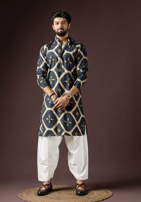 Navy Blue Printed Rayon Kurta Set For Men