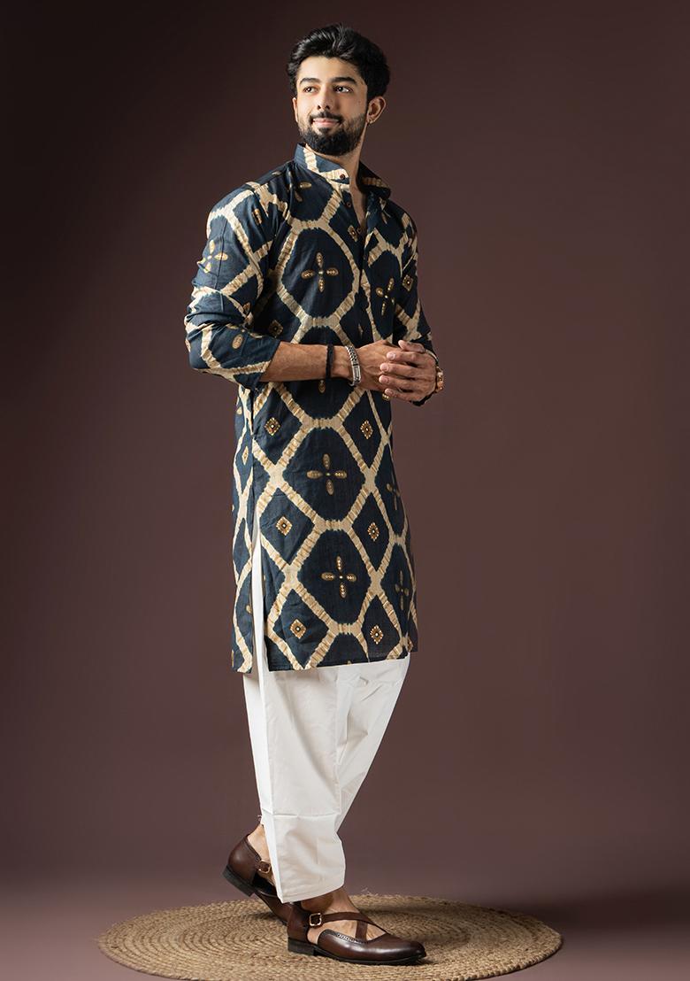 Navy Blue Printed Rayon Kurta Set For Men - Indya