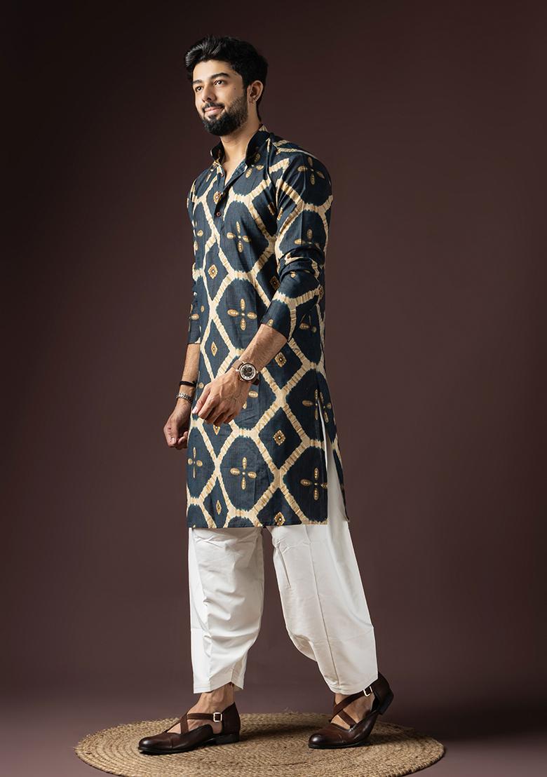 Navy Blue Printed Rayon Kurta Set For Men - Indya