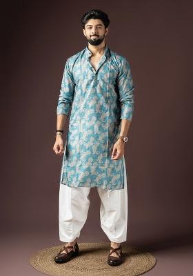 Blue Printed Cotton Blended Kurta Set For Men