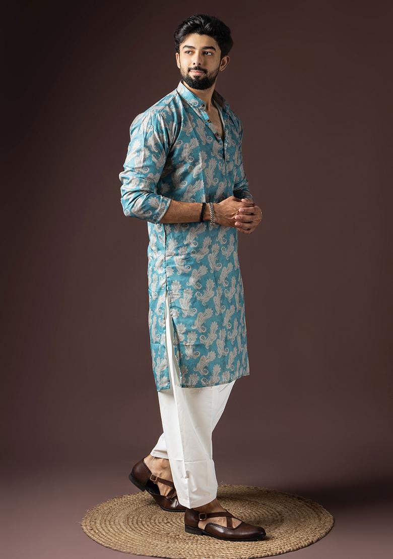 Blue Printed Cotton Blended Kurta Set For Men - Indya