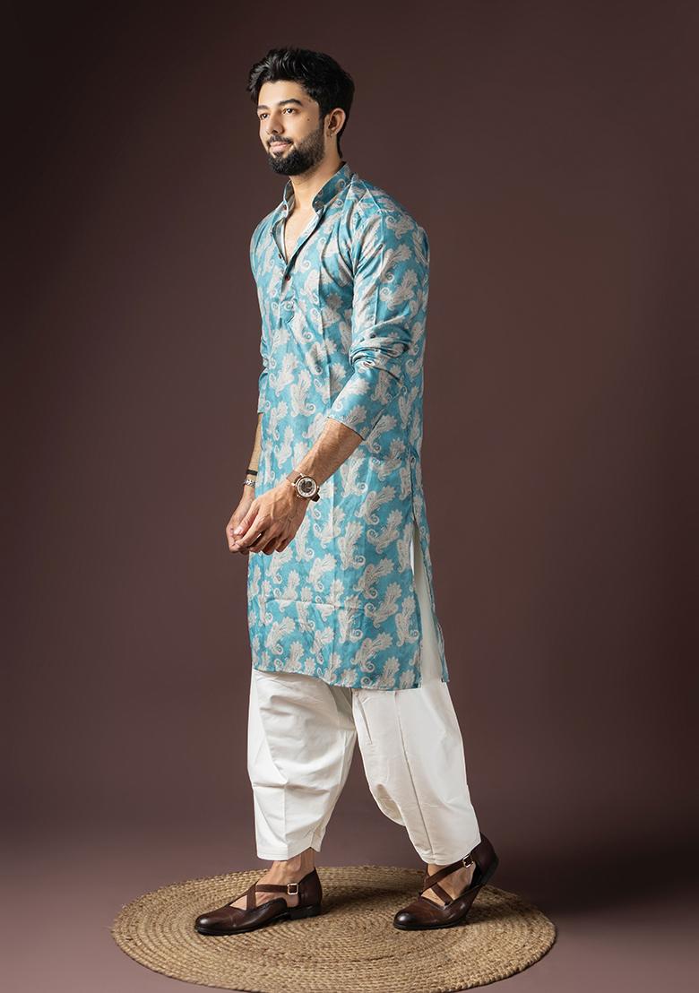 Blue Printed Cotton Blended Kurta Set For Men - Indya