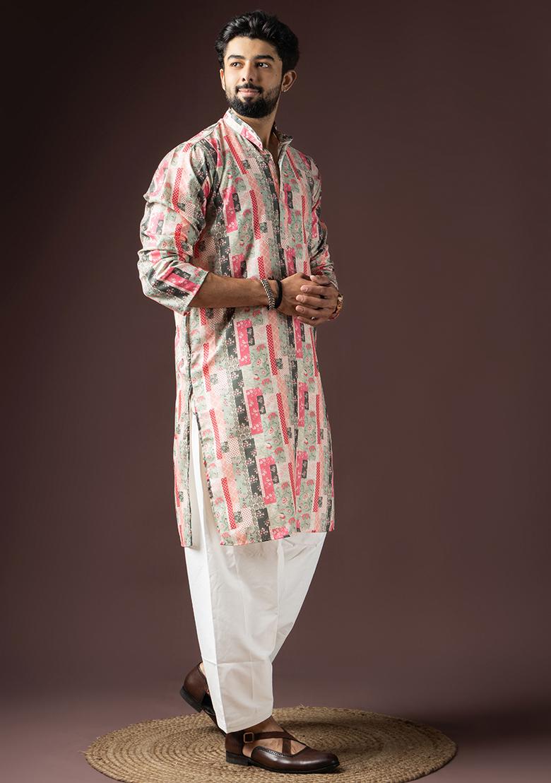 MultiColor Printed Cotton Blended Kurta Set For Men - Indya