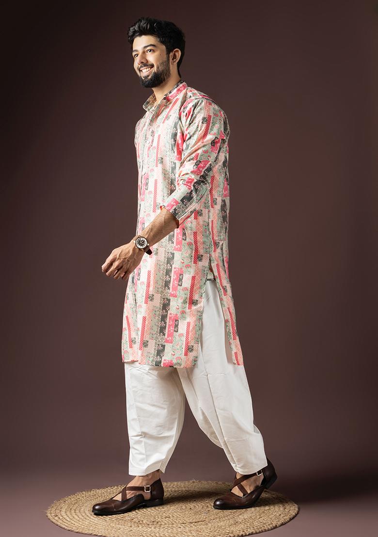 MultiColor Printed Cotton Blended Kurta Set For Men - Indya