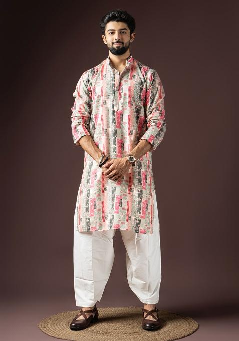 MultiColor Printed Cotton Blended Kurta Set For Men