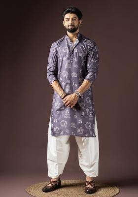Purple Printed Cotton Blended Kurta Set For Men