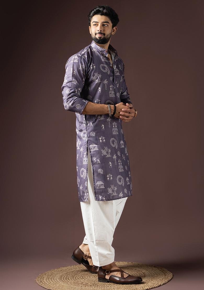 Purple Printed Cotton Blended Kurta Set For Men - Indya