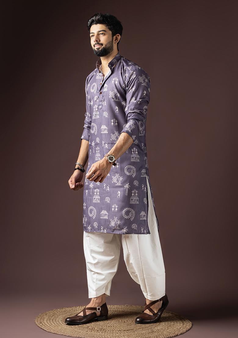 Purple Printed Cotton Blended Kurta Set For Men - Indya