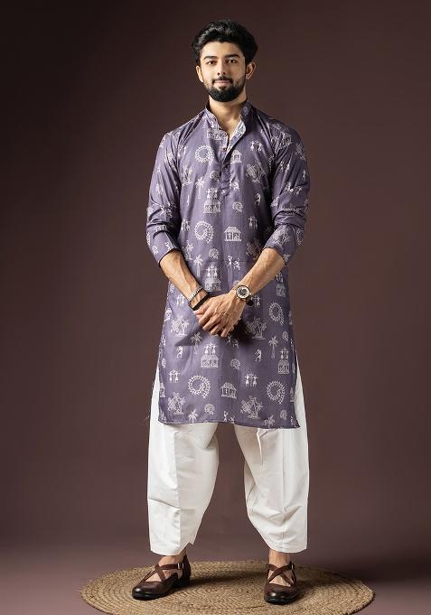 Purple Printed Cotton Blended Kurta Set For Men