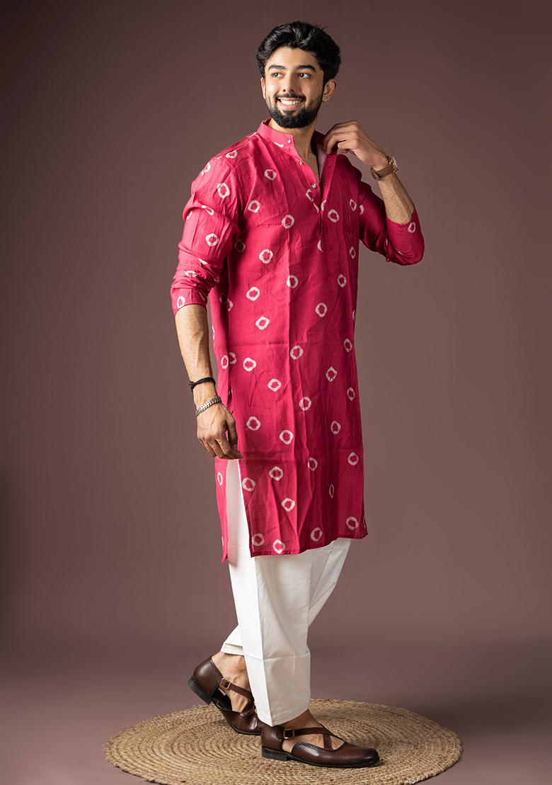 Pink Printed Viscose Kurta Set For Men - Indya