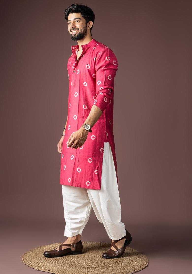 Pink Printed Viscose Kurta Set For Men - Indya