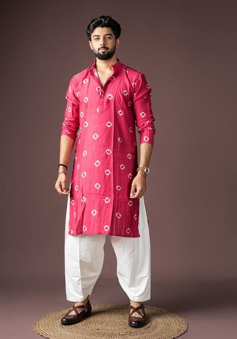 Pink Printed Viscose Kurta Set For Men