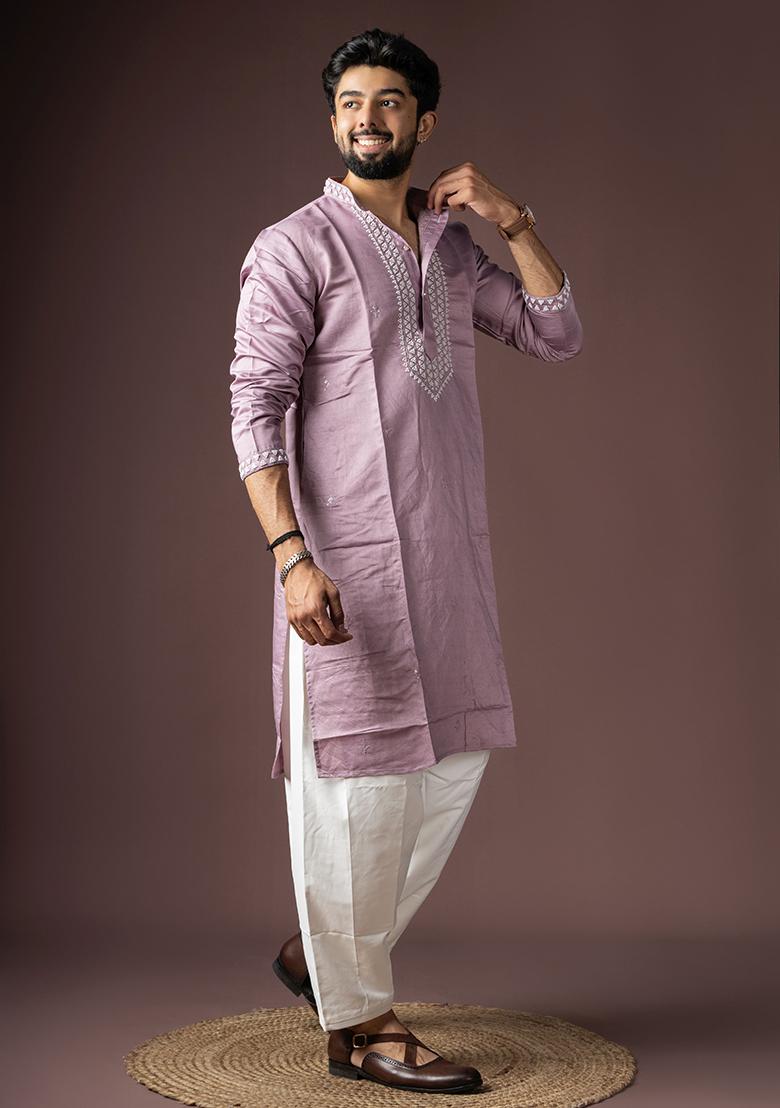 Lavender Printed Silk Kurta Set For Men - Indya