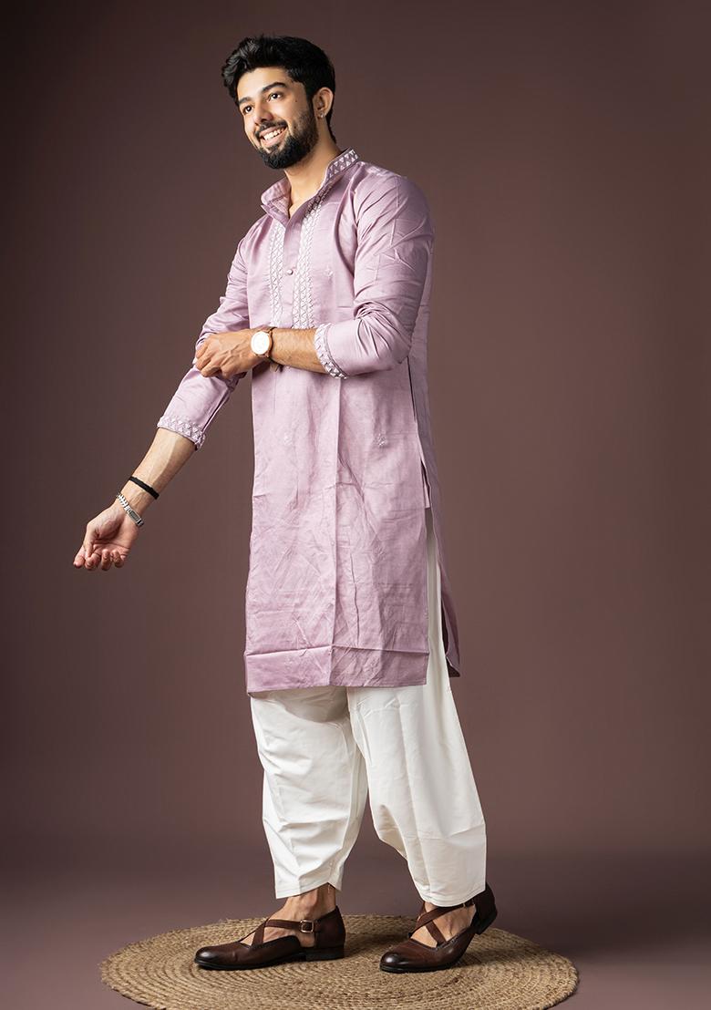 Lavender Printed Silk Kurta Set For Men - Indya