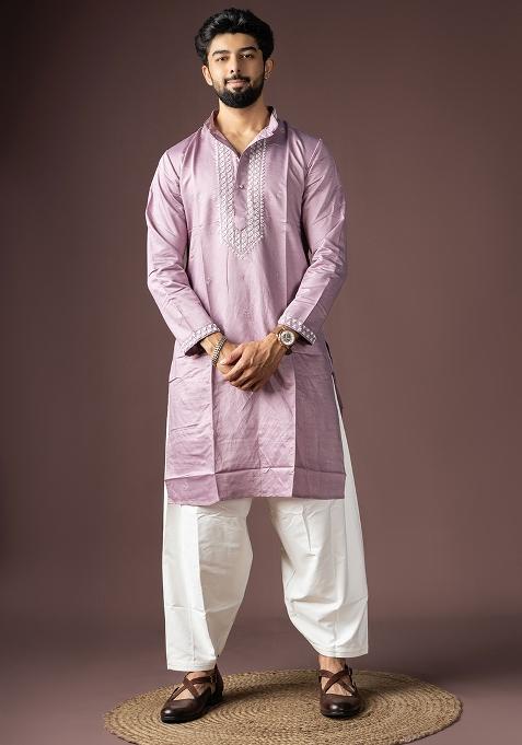 Lavender Printed Silk Kurta Set For Men