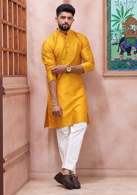 Yellow Woven Silk Kurta Set For Men