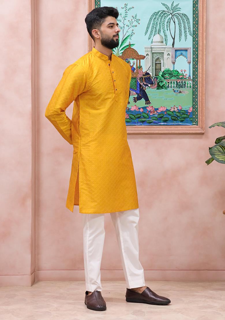 Yellow Woven Silk Kurta Set For Men - Indya