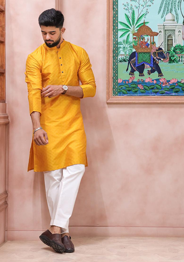 Yellow Woven Silk Kurta Set For Men - Indya
